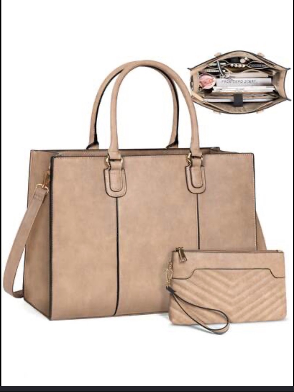 NWT NUBILY khaki PU Leather Laptop Tote Structured Design W/ Black Piped